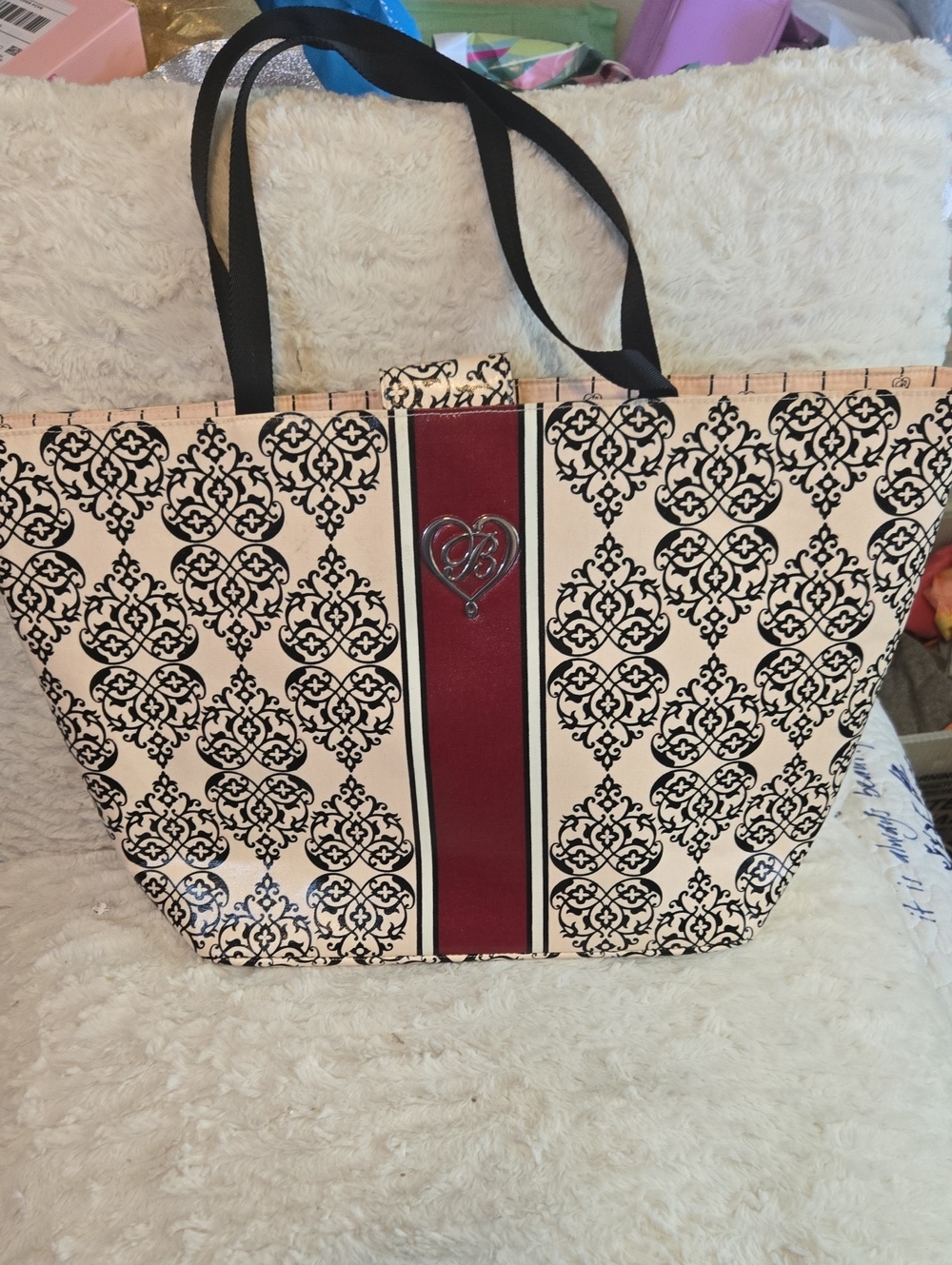Brighton Cream and Burgundy Damask Tote